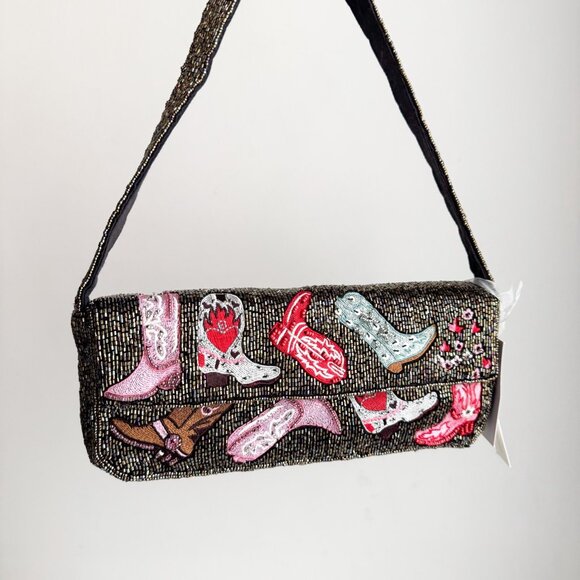 Cowboy boot western cowboy carter print fully beaded Shoulder Baguette Bag - Picture 3 of 11
